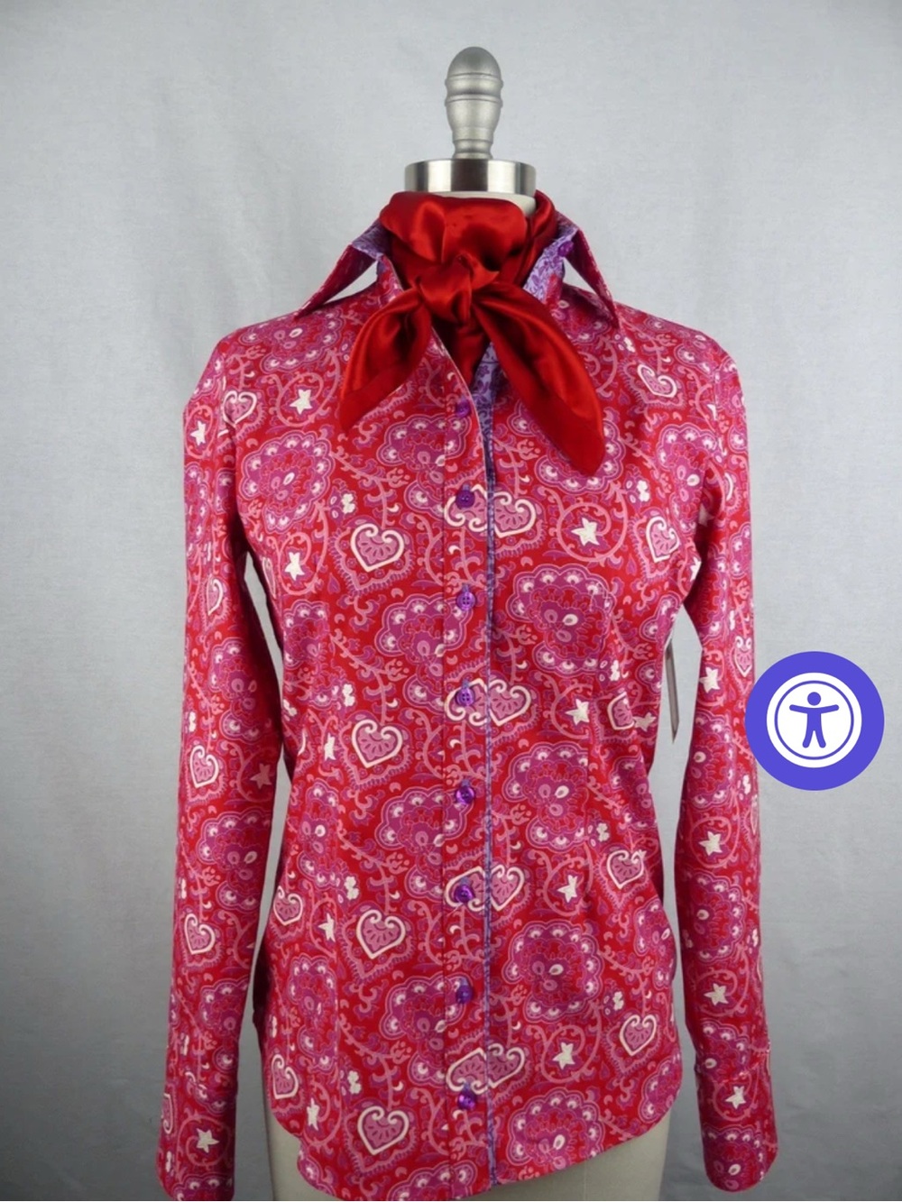 CR Ranchwear Shirt Womens L Large Red Purple Heart Paisley Flip Cuff Button Up